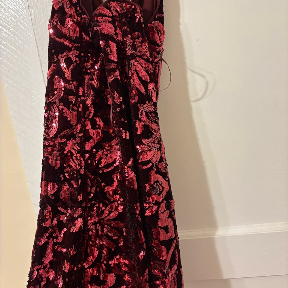 Faux Fur Burgundy Jacket and Midi Sequin Prom Dress - Picture 5 of 10